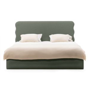 Łóżko tapicerowane 140x200 cm Bolge, ze stelażem i pojemnikiem, ciemnozielone, boucle, falowany zagłówek