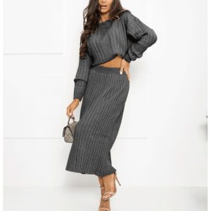 Komplet dzianinowy ze spódnicą ARISTA - grafitowy
