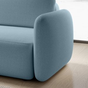 Narożnik rozkładany Botse niebieski z pojemnikiem, obłe kształty, lewy