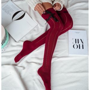 Zakolanówki ażurowe ze wstążką - bordowe