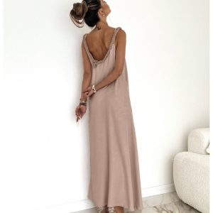 Maxi sukienka z ozdobnym warkoczem SIVIR - beżowa