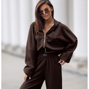 Stylowy komplet dresowy z tencelu MIKKA - czekoladowy