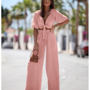 Komplet top wiązany i spodnie SORRENTO - pudrowy róż