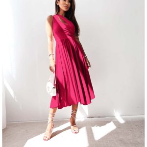 Sukienka midi na jedno ramię CHIKA - fuksjowa