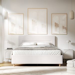 Łóżko tapicerowane Easy 140x200 cm ze stelażem i pojemnikiem, szarobeżowe, welurowe