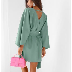 WP sukienka mini z przekładanym dekoltem - szałwiowa