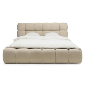 Łóżko tapicerowane Nexo 160x200 cm, ze stelażem i pojemnikiem, jasnobeżowe, obłe kształty