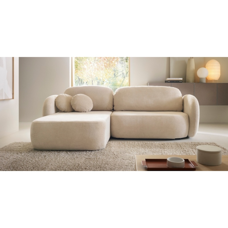 Narożnik rozkładany Olio z pojemnikiem, lewostronny, jasnobeżowy, obłe kształty