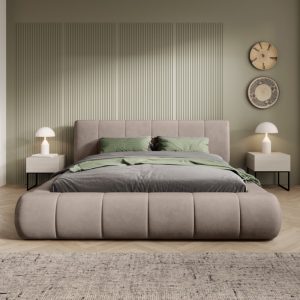 Łóżko tapicerowane Vigo 140x200 cm ze stelażem i pojemnikiem, brązowoszare, welurowe