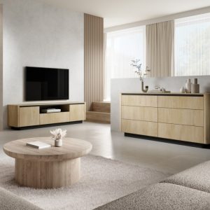 Trzydrzwiowa szafka RTV Torro dąb cremona/czarny, zaokrąglona