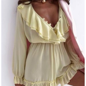 Krótki kombinezon z wiskozy z falbanami LUCA - cytrynowy