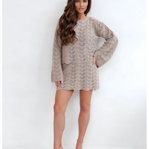 Komplet dzianinowy z mini spódniczką CARESSA - mocha mousse