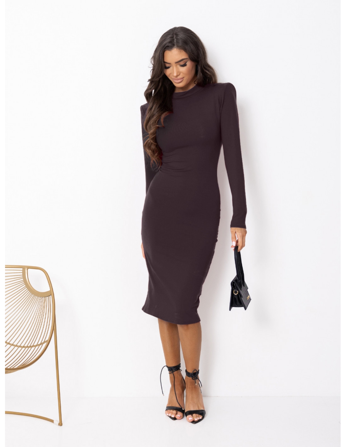 Dopasowana sukienka midi z wiskozy AFFI - czekoladowa