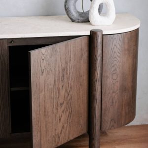 Komoda czterodrzwiowa Bruna, dąb mocha/marmur cream, zaokrąglona