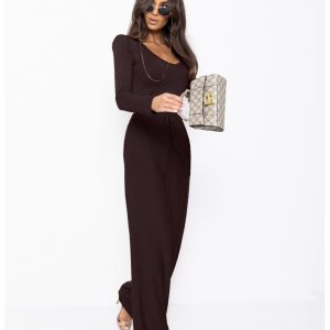 Komplet z wiskozy bluzka i szerokie spodnie AGRA - czekoladowy