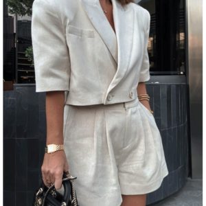 Bawełniana krótka marynarka oversize HIRA - beżowa