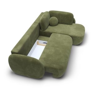 Narożnik rozkładany Olio ll z pojemnikiem, prawostronny, oliwkowozielony, obłe kształty