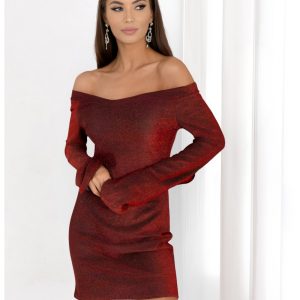 Brokatowa sukienka z odkrytymi ramionami LUNA - czerwona