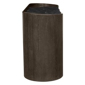 Komoda trzydrzwiowa Furlo, zaokrąglona, orzech, brązowy marmur, złote uchwyty