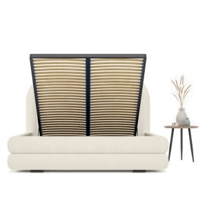 Łóżko tapicerowane Roller 140/160x200 cm ze stelażem i pojemnikiem, kremowe, boucle