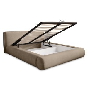 Łóżko tapicerowane Amaya 140x200 cm ze stelażem i pojemnikiem, jasnobrązowe, welurowe