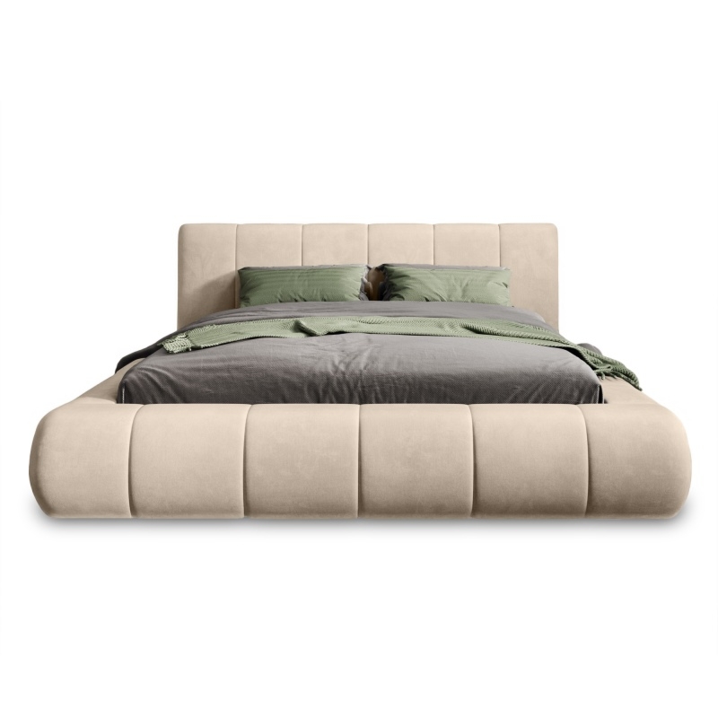 Łóżko tapicerowane Vigo 160x200 cm ze stelażem i pojemnikiem, jasnobeżowe, welurowe