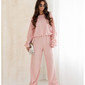 Komplet dzianinowy z szerokimi spodniami MILENA - pudrowy róż