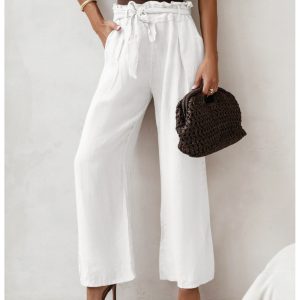 Stylowe lniane spodnie z paskiem ASKAR - białe