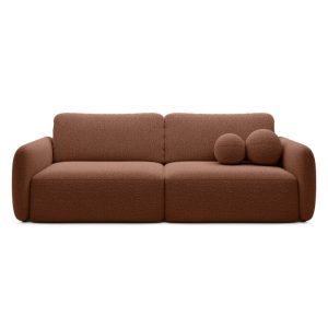 Sofa rozkładana Botse miedziana z pojemnikiem, obłe kształty, boucle