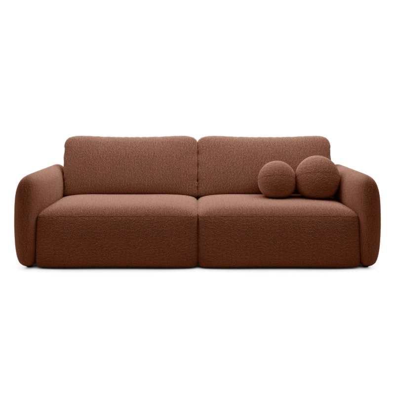 Sofa rozkładana Botse miedziana z pojemnikiem, obłe kształty, boucle