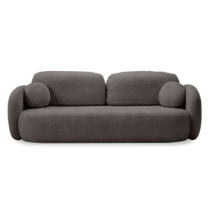 Sofa rozkładana Olio z pojemnikiem, brązowa, boucle, obłe kształty