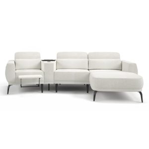 Narożnik Velumo z regulowanym oparciem i elektrycznie wysuwanym podnóżkiem, USB, ładowarka indukcyjna, jasnobeżowy boucle, prawy