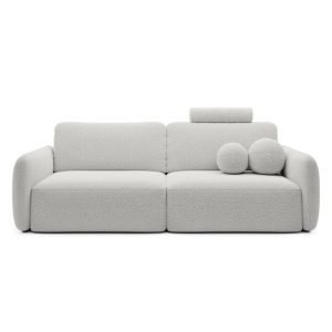 Sofa rozkładana Botse Lux z pojemnikiem, obłe kształty, ecru, boucle