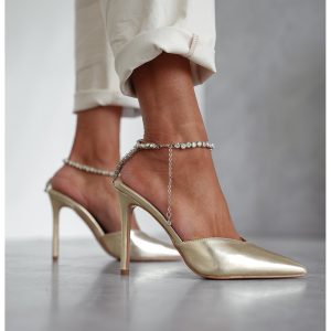 Wysokie szpilki z ozdobnym łańcuszkiem - złote