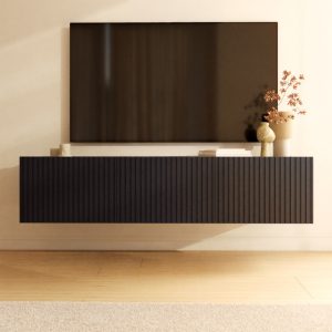 Szafka RTV Kolder, trzydrzwiowa, wisząca/stojąca, ryflowana, czarny mat