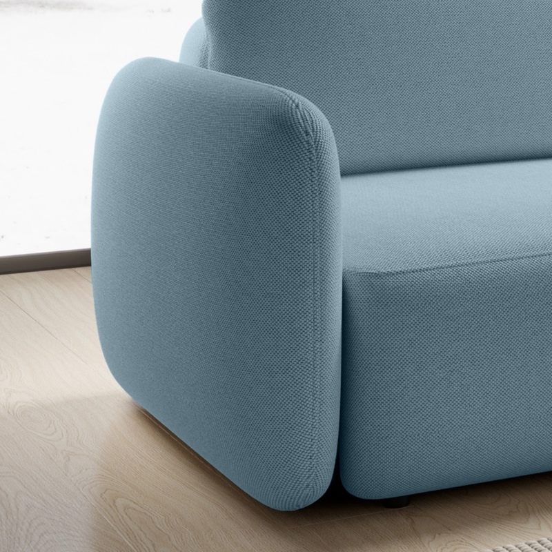 Narożnik rozkładany Botse niebieski z pojemnikiem, obłe kształty, prawy