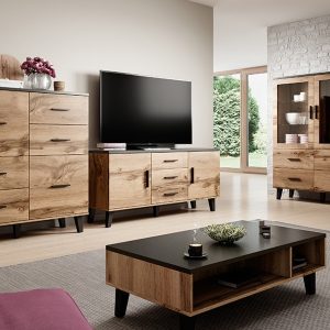 Witryna dwudrzwiowa z szufladami dąb wotan / czarna mat 120 x 160 cm Livorno