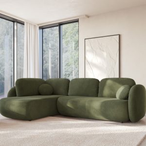 Narożnik rozkładany Olio ll z pojemnikiem, lewostronny, oliwkowozielony, obłe kształty