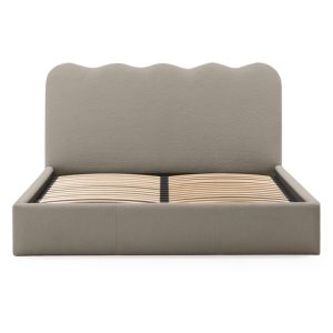 Łóżko tapicerowane 180x200 cm Onda, ze stelażem i pojemnikiem, brązowoszare, boucle, falowany zagłówek